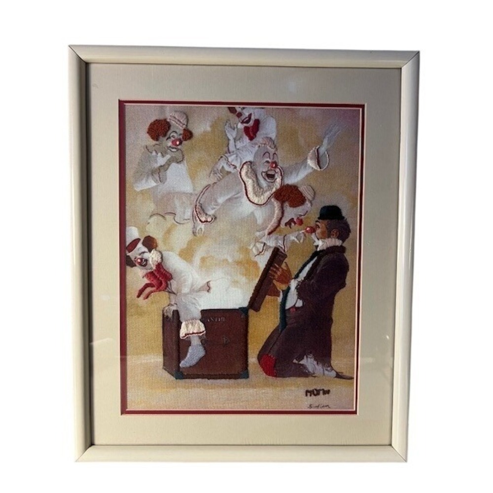 VTG Richard Owen "Out of Pandora's Box" Clown Mixed‎ Media Embroidery Wall Art